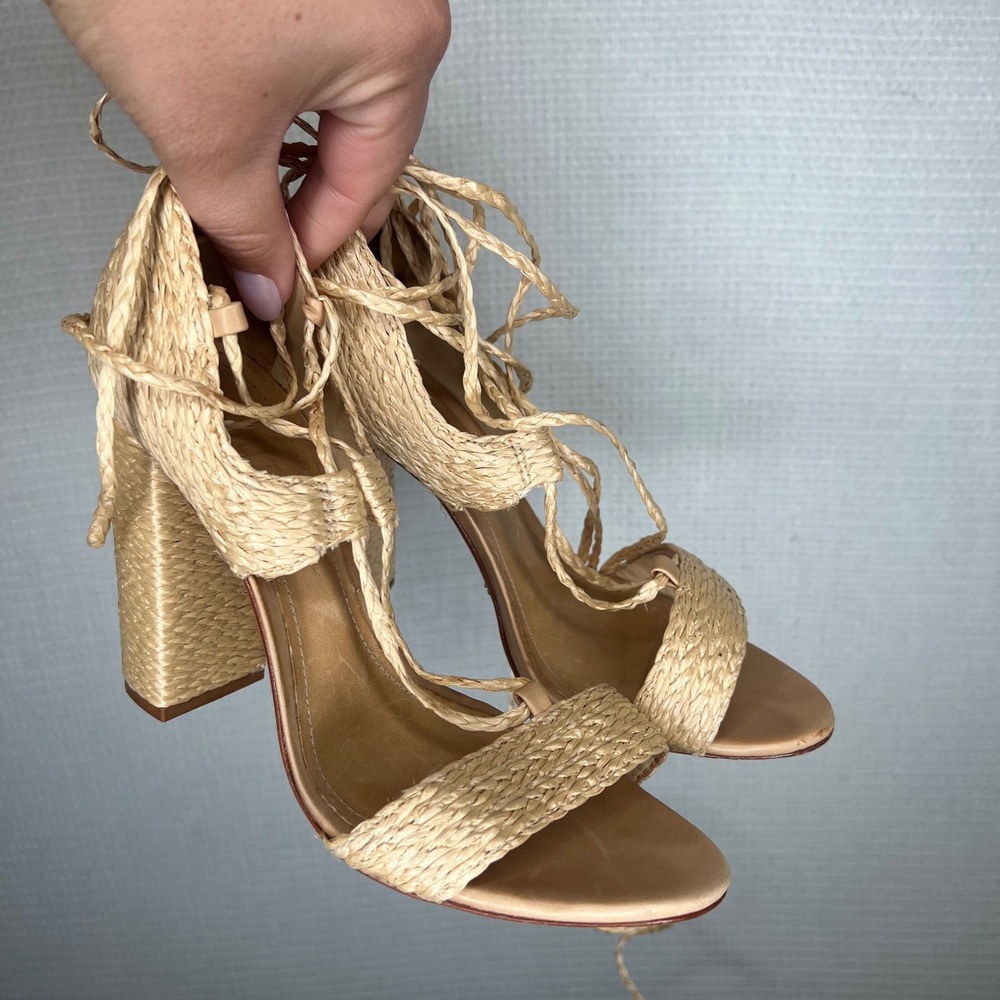 Schutz Natural Woven Raffia Lace Up Block Heel Sandals Tan Size 37 EU 7 US